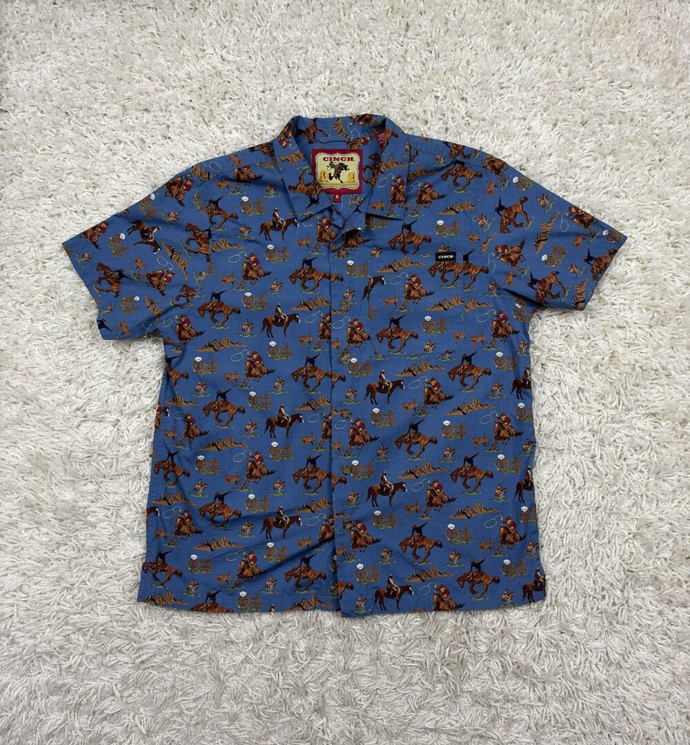 Cinch Cowboy Collection Camp Shirt Mens S Blue Bronc Rider Western Print NWOT